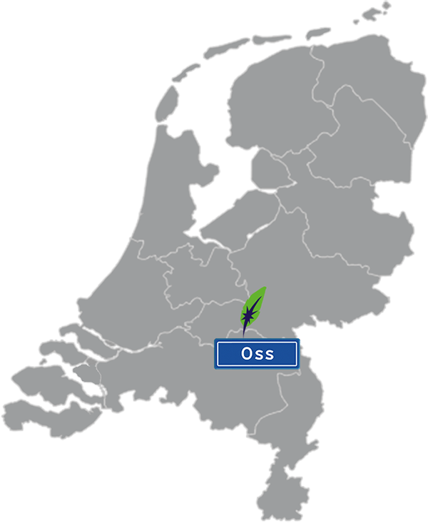 Landkaart Nederland grijs - locatie Dagnall Taleninstituut in Oss - aangegeven met blauw plaatsnaambord met witte letters en Dagnall veer - op transparante achtergrond - 600 * 733 pixels